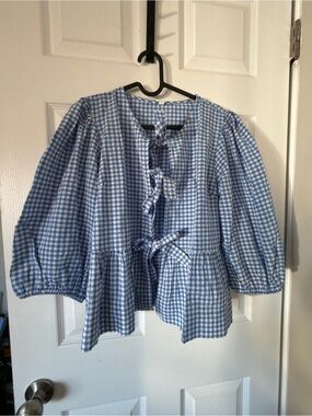 Blue Gingham Tie-Front Peplum Blouse - S